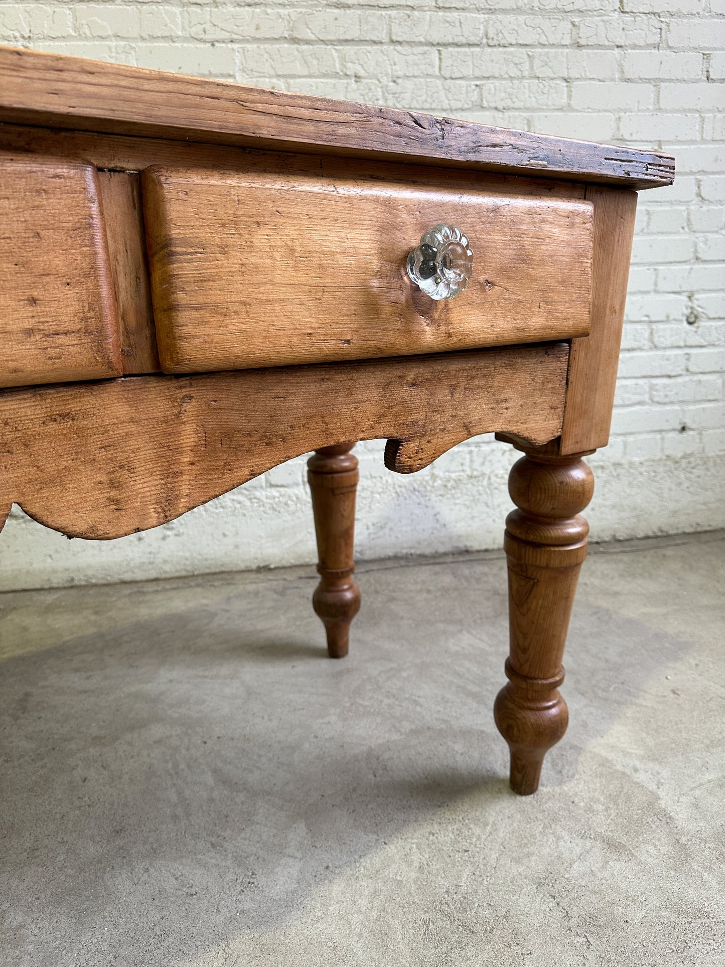 Antique Pine Harvest Table with Glass Knobs c. 1840