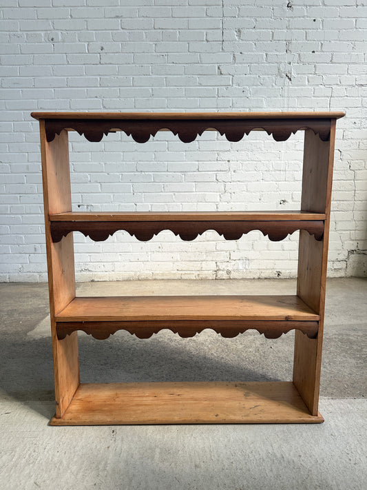 Antique English Pine and Mahogany Scalloped Wall Shelf, c. 1890