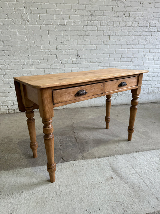 Antique Pine Two Drawer Drop Leaf Scullery Table, c. 1880