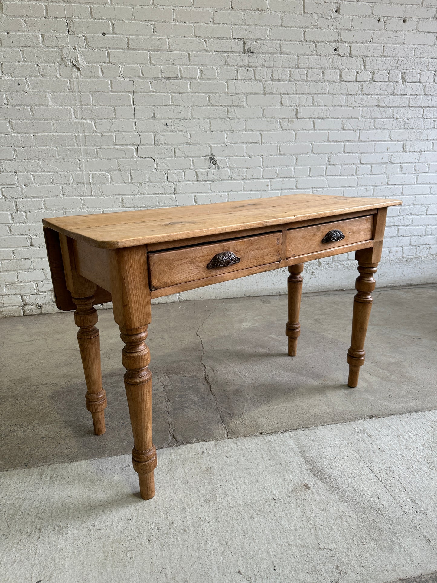 Antique Pine Two Drawer Drop Leaf Scullery Table, c. 1880