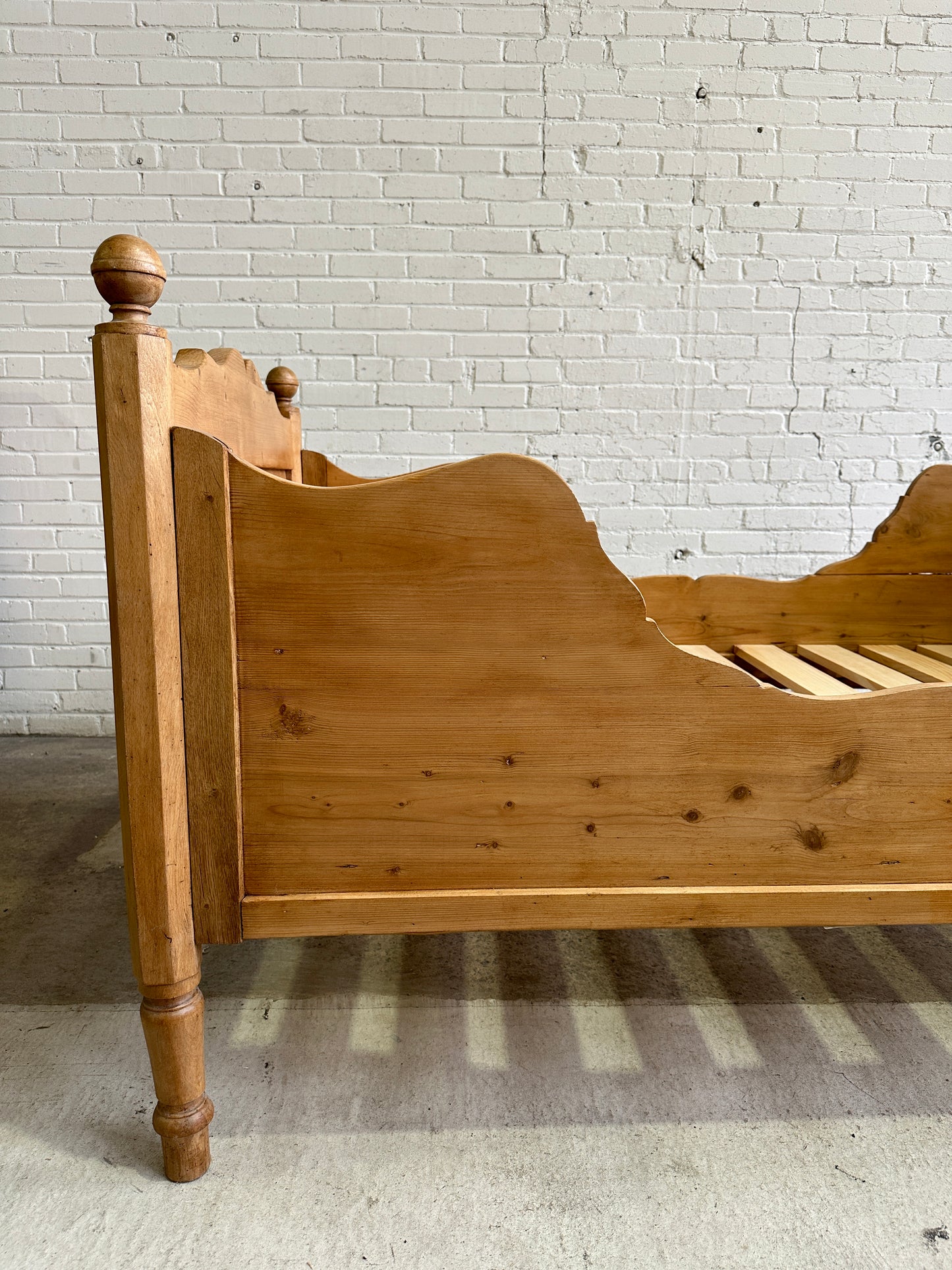 Antique Pine Sleigh Bed with Scalloped Side Rails, c. 1880