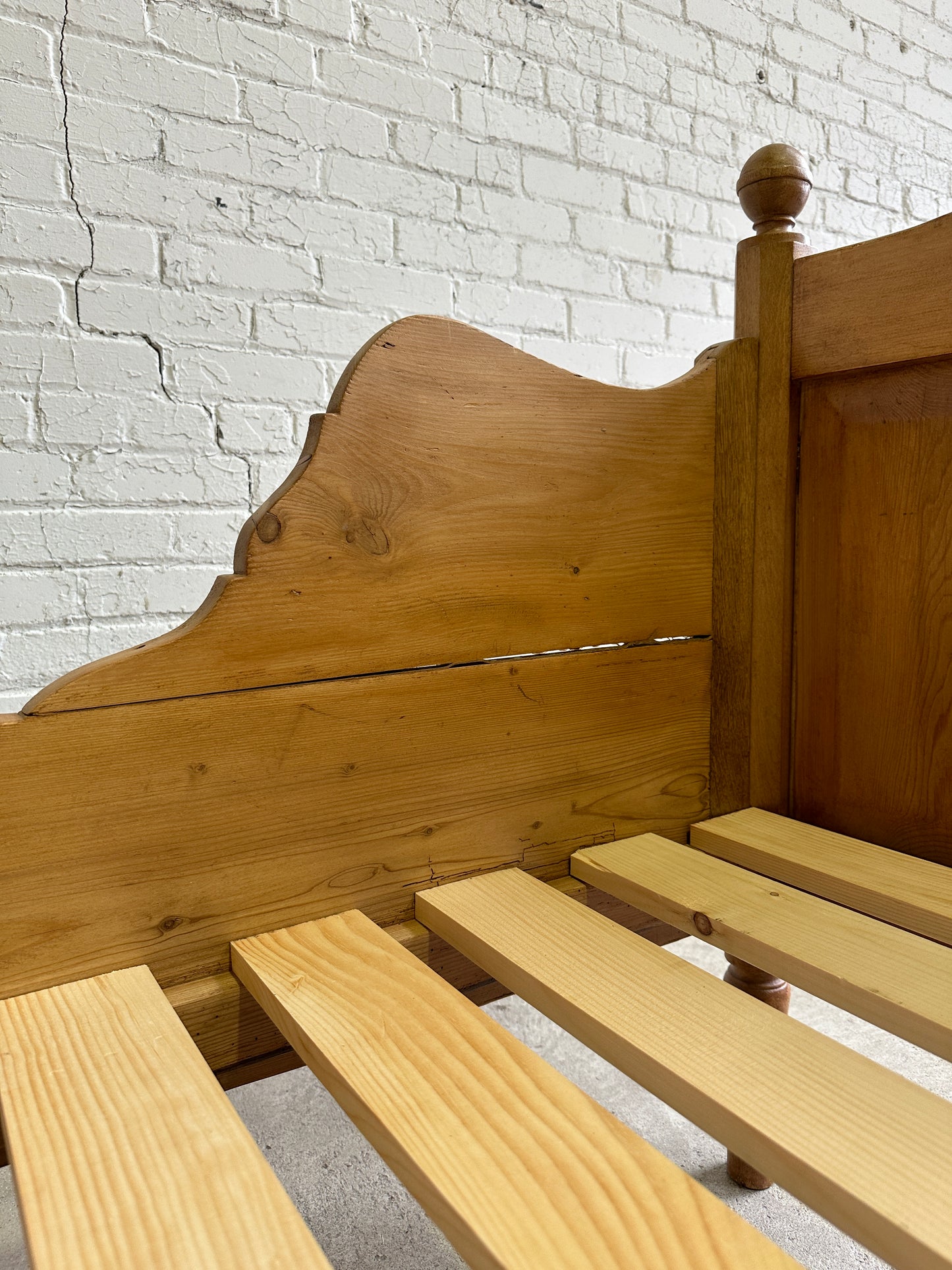 Antique Pine Sleigh Bed with Scalloped Side Rails, c. 1880