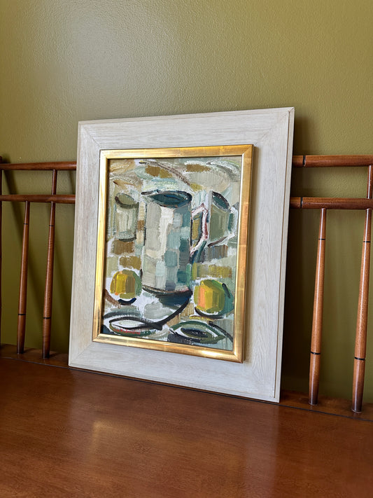 Pitcher with Lemons: Vintage Oil on Panel Still Life