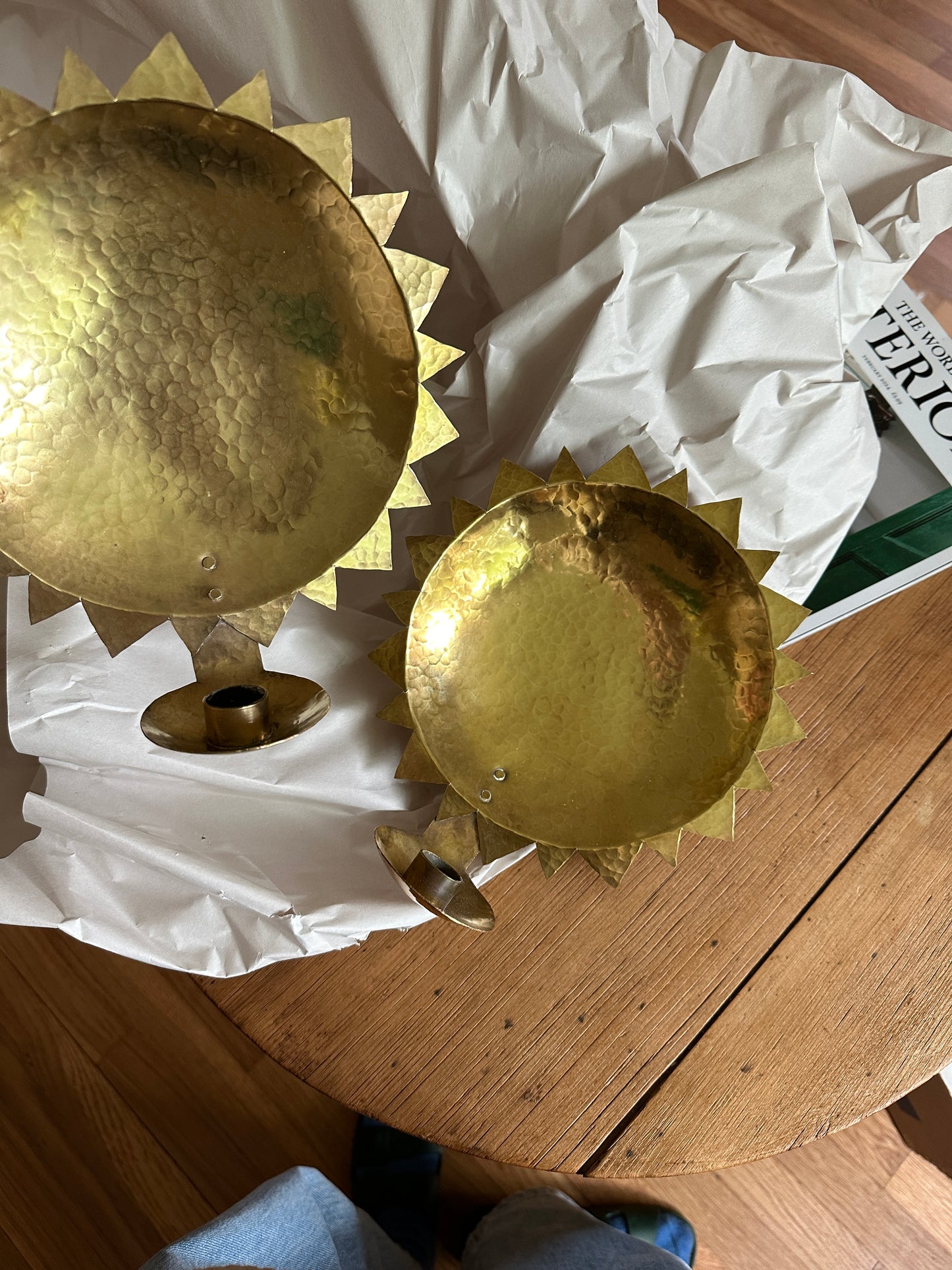 A Pair of Swedish Hammered Brass Sun Sconces