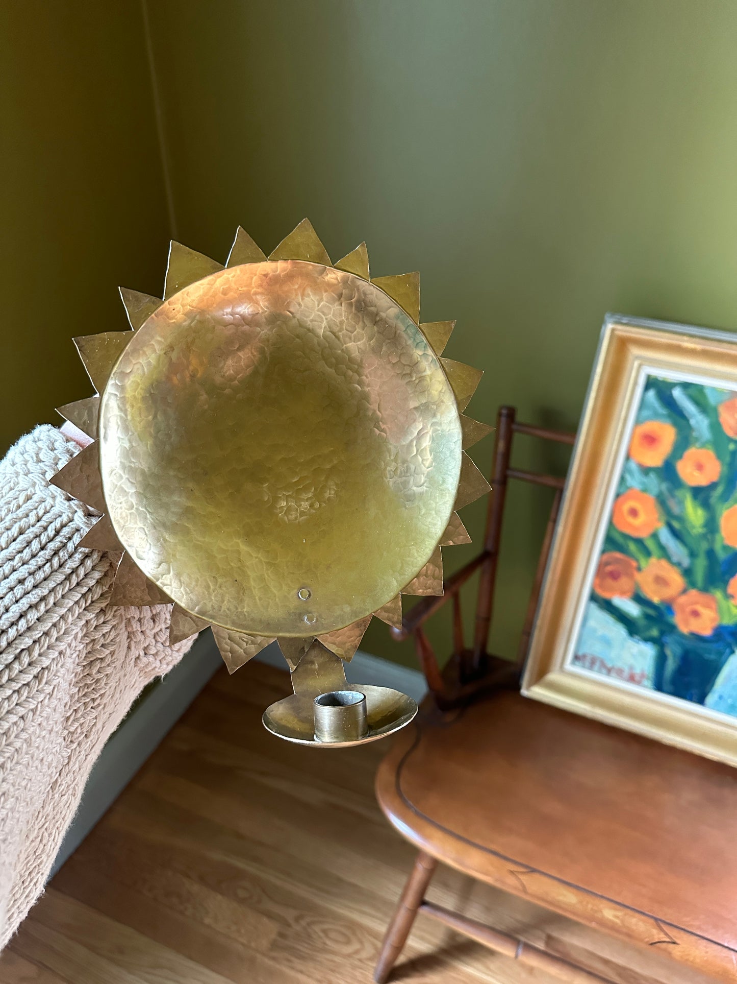 A Pair of Swedish Hammered Brass Sun Sconces
