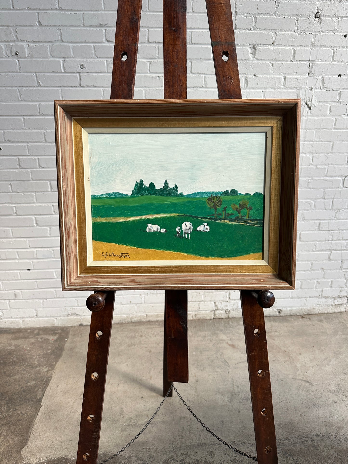A Vintage Swedish Oil with Sheep in Field by Sigfrid Bengtsson