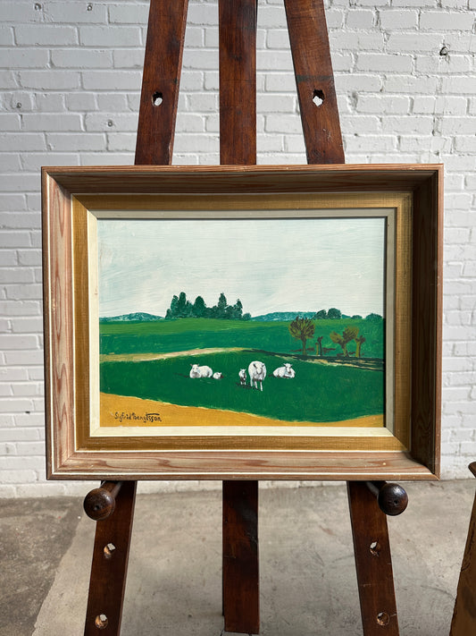 A Vintage Swedish Oil with Sheep in Field by Sigfrid Bengtsson