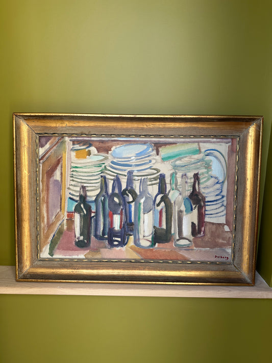 Bottles Still Life: Vintage Swedish Oil on Canvas