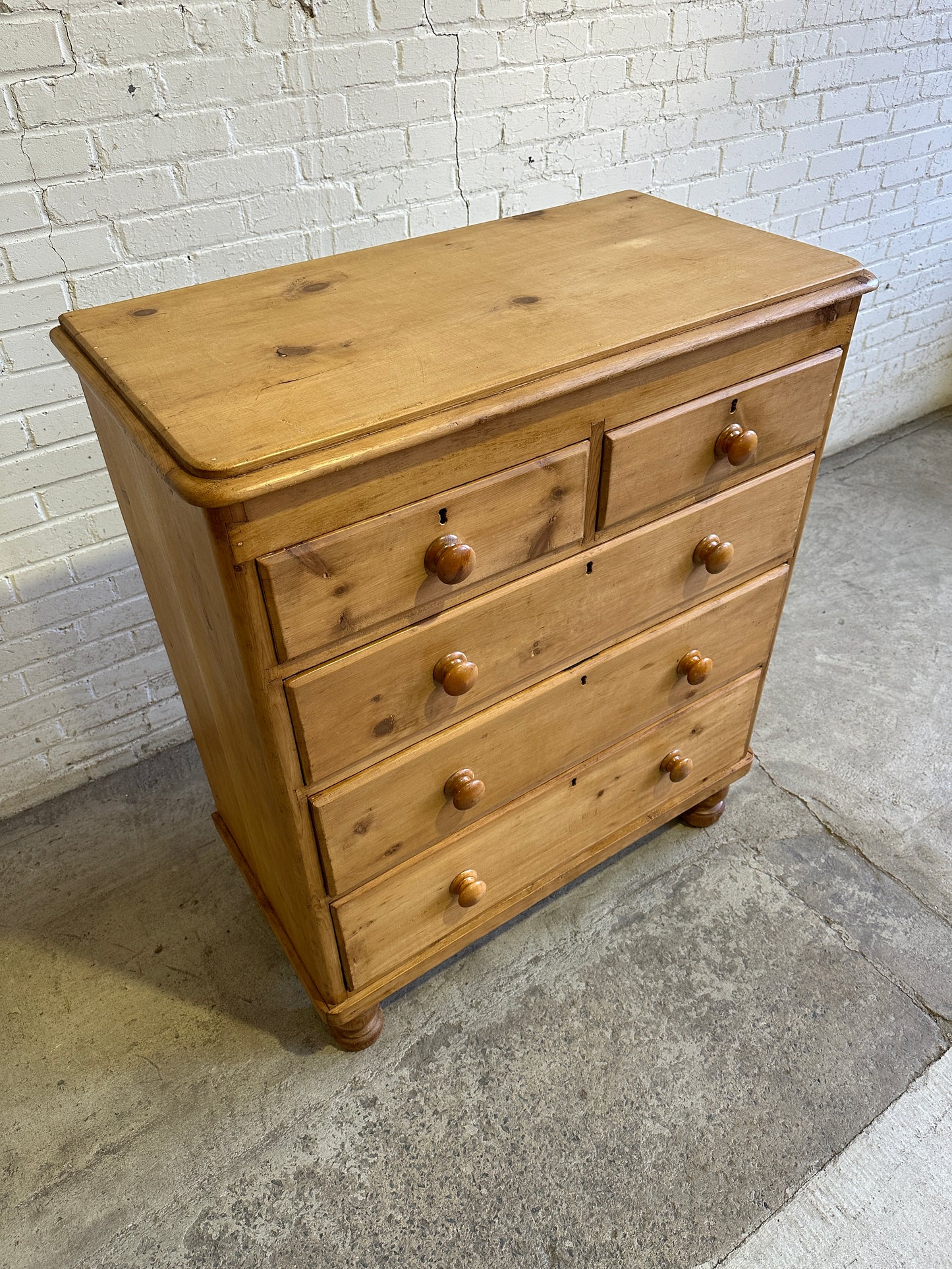 Antique Pine English Chest of Drawers with Fruitwood Knobs c. 1880