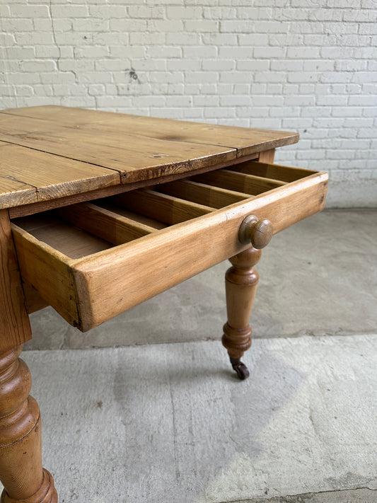 Antique Pine English Farmhouse Table on Castors, c. 1880