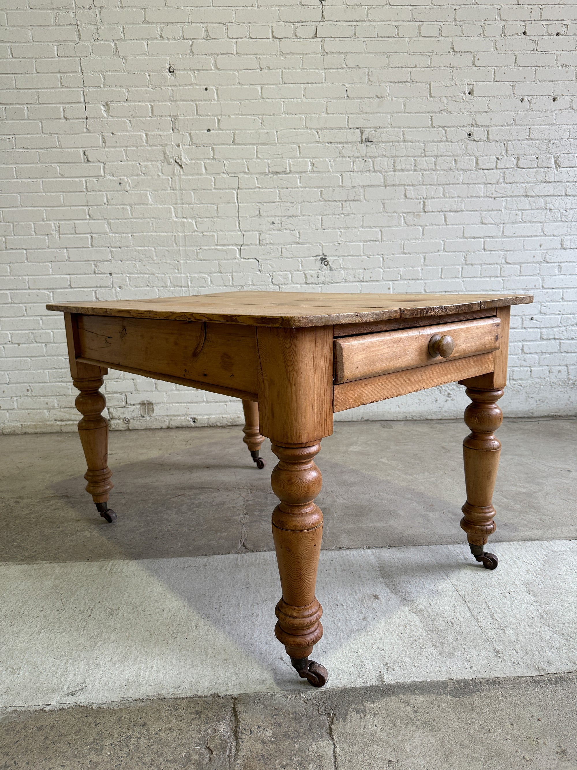 Antique Pine English Farmhouse Table on Castors, c. 1880