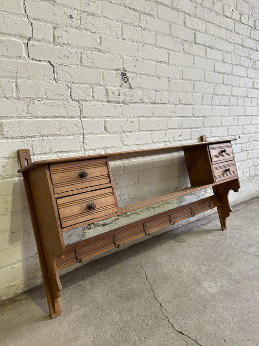 Antique French Wall Shelf with Hooks, c. 1900