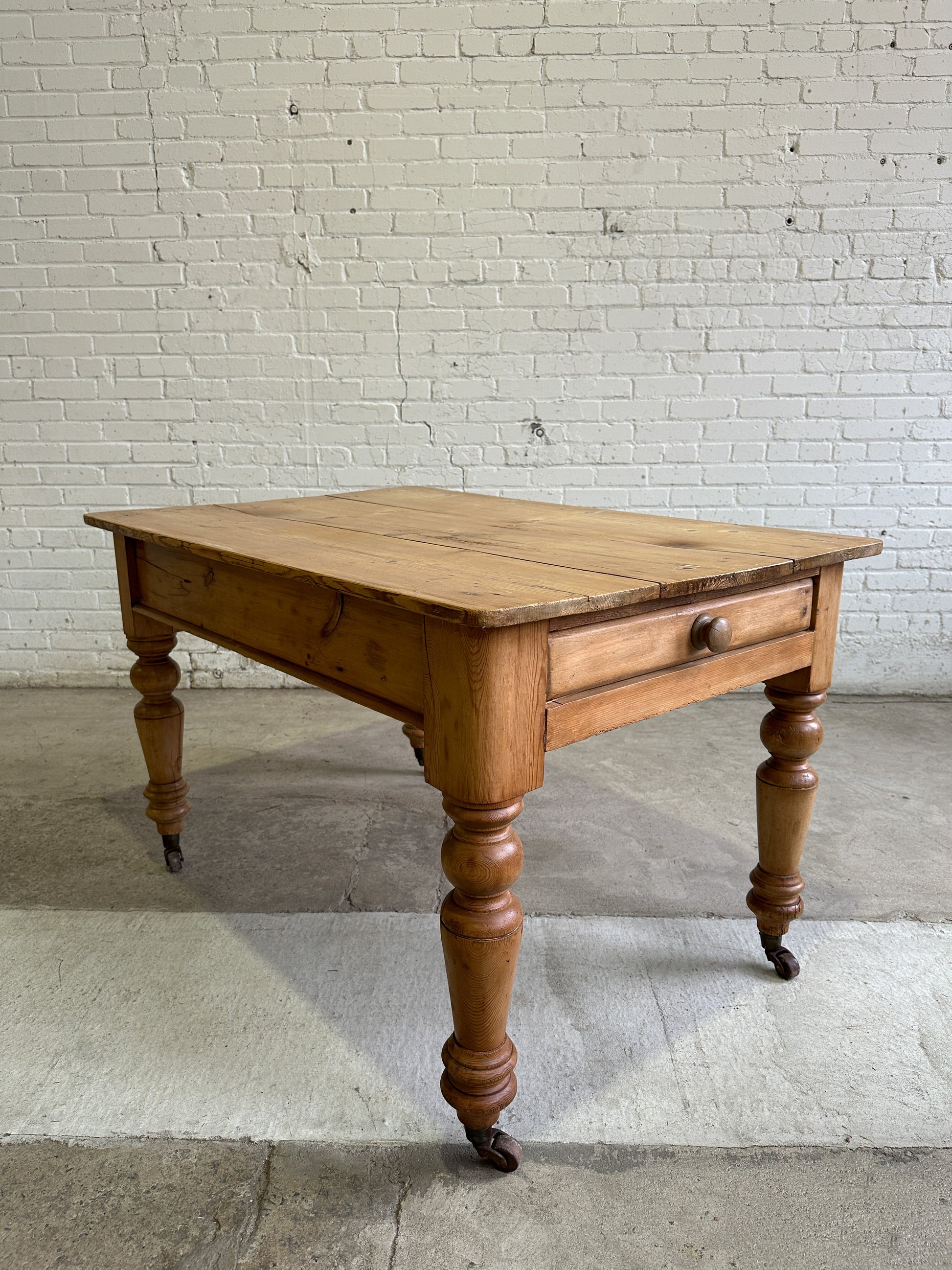 Antique Pine English Farmhouse Table on Castors, 1880