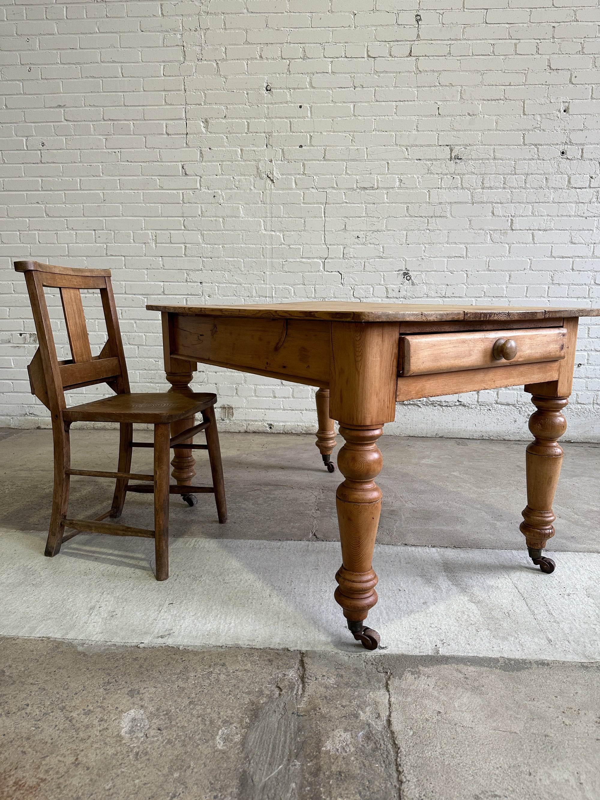 Antique Pine English Farmhouse Table on Castors, c. 1880
