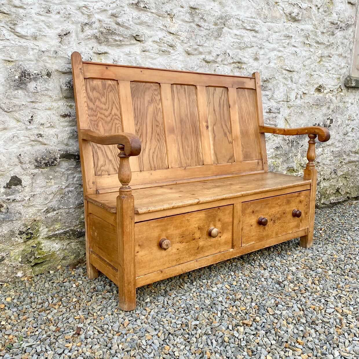 Antique Welsh Settle with Storage Drawers, c. 1880