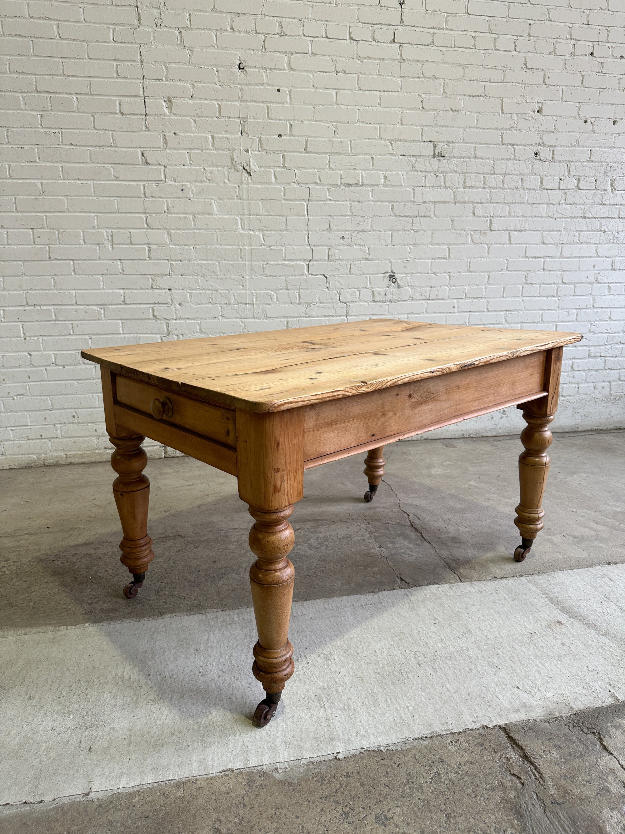 Antique Pine English Farmhouse Table on Castors, c. 1880