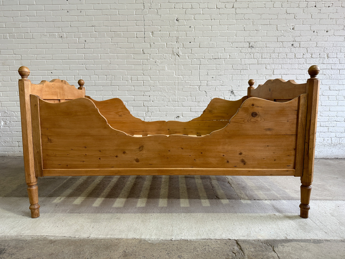 Antique Pine Sleigh Bed with Scalloped Side Rails, c. 1880