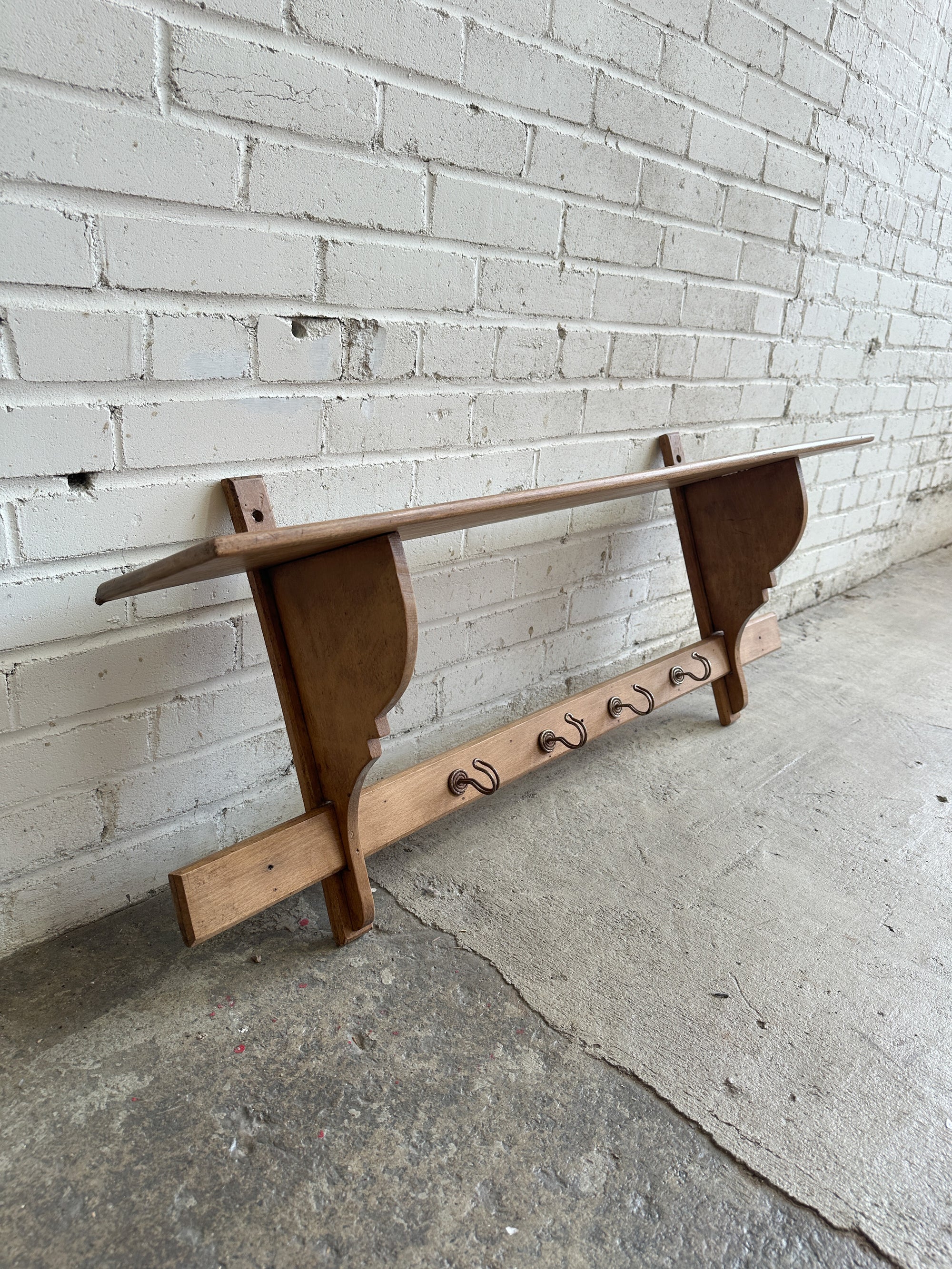 Antique Oak French Shelf with Hooks c. 1900