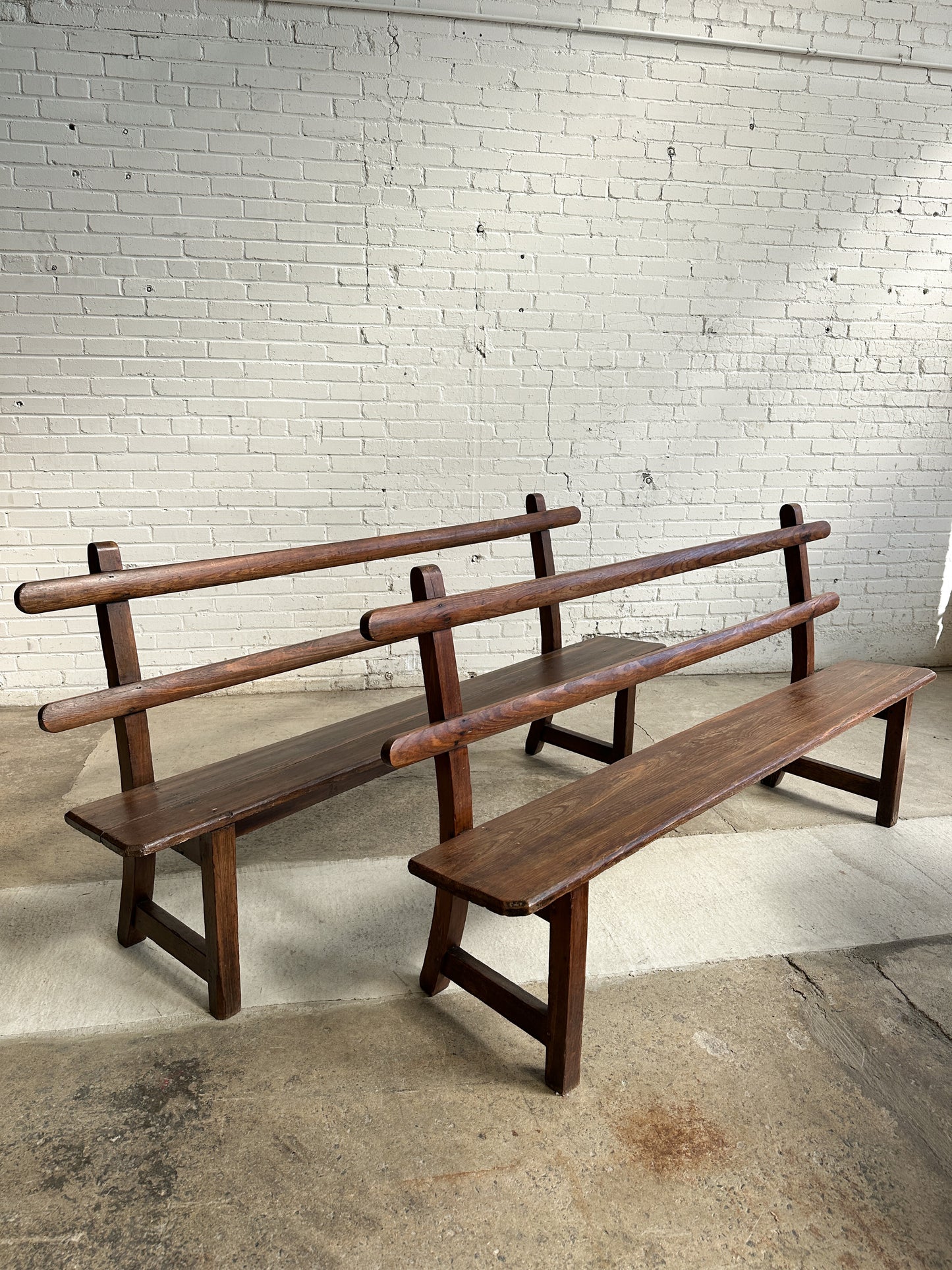 A Pair of Antique Pine Slat Back Benches, c. 1890