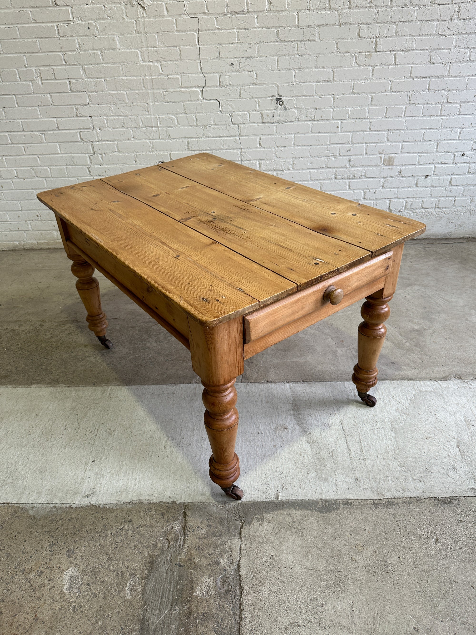 Antique Pine English Farmhouse Table on Castors, c. 1880