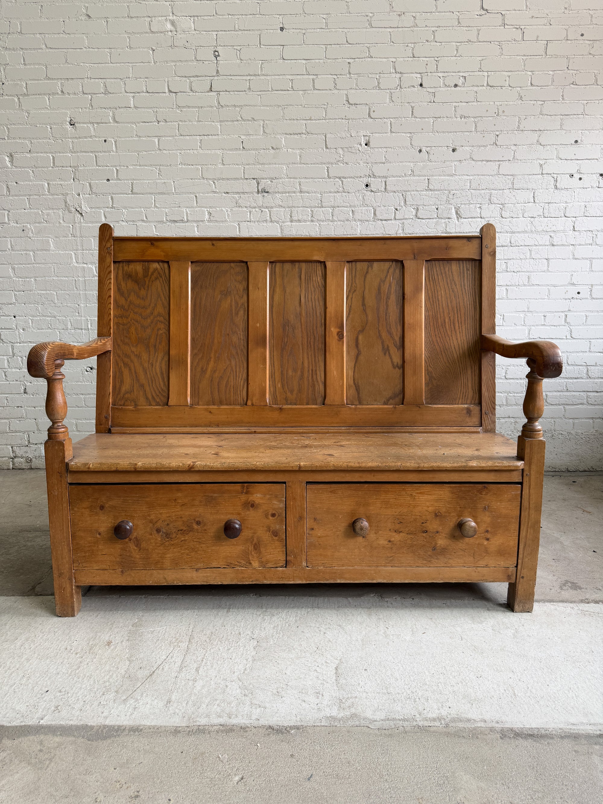 Antique Welsh Settle with Storage Drawers, c. 1880