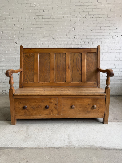 Antique Welsh Settle with Storage Drawers, c. 1880
