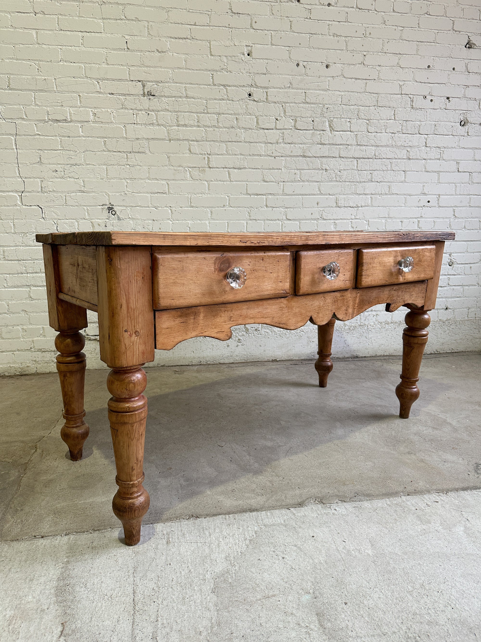 **On Hold** Antique Pine Harvest Table with Glass Knobs c. 1840