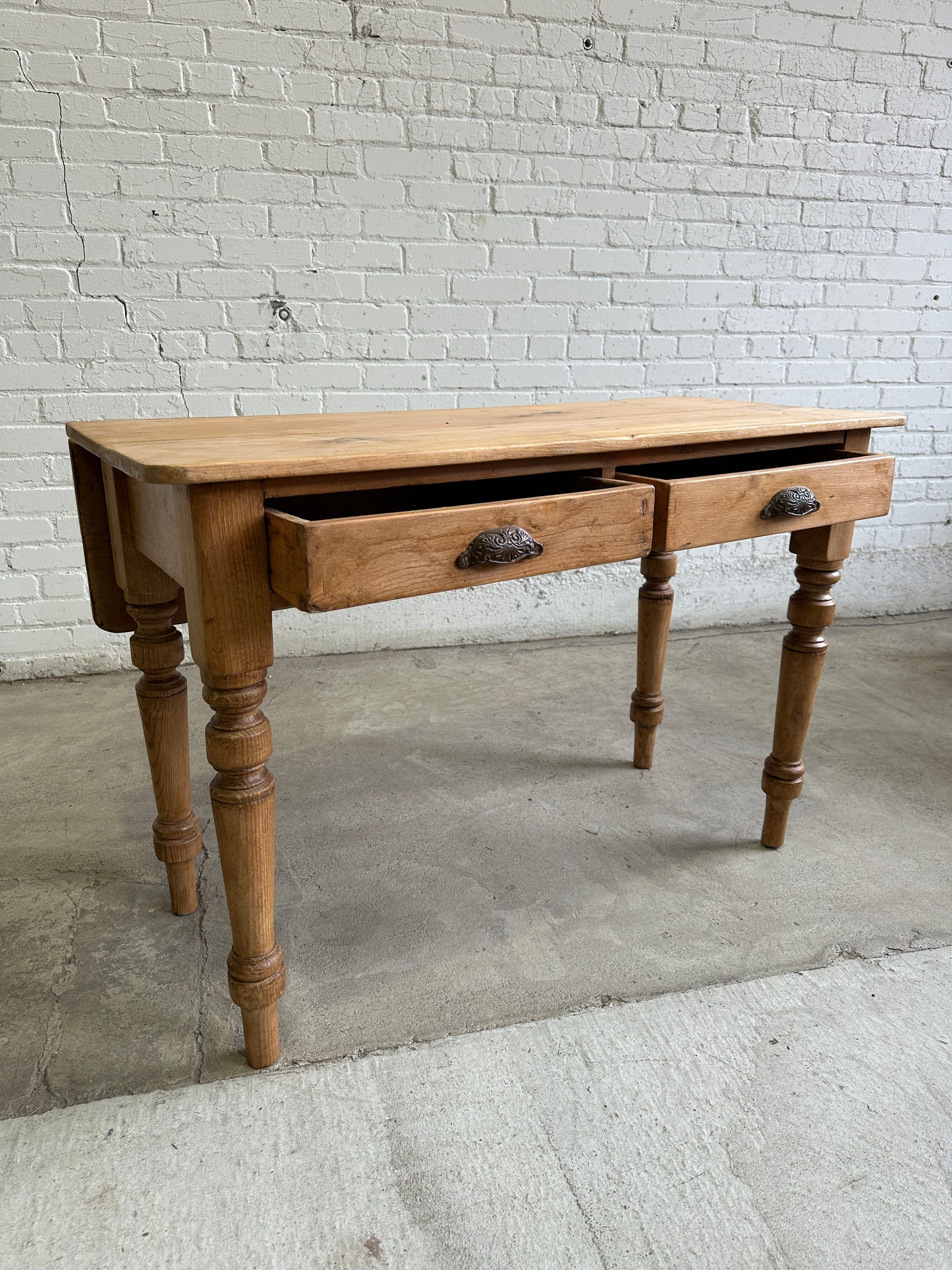 Antique Pine Two Drawer Drop Leaf Scullery Table, c. 1880