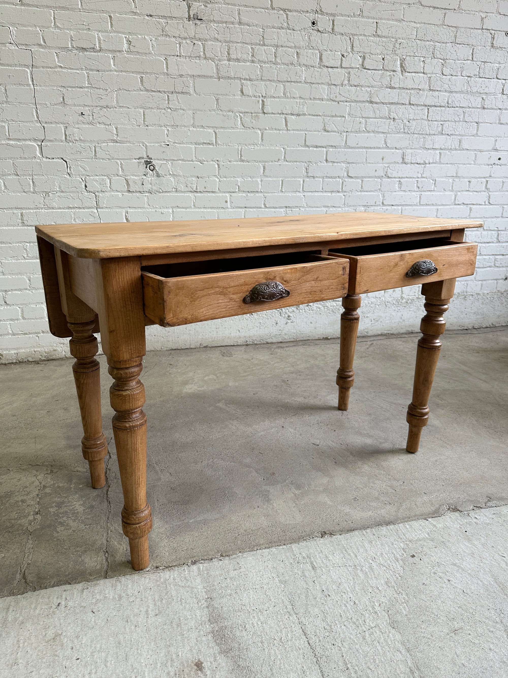 Antique Pine Two Drawer Drop Leaf Scullery Table, c. 1880