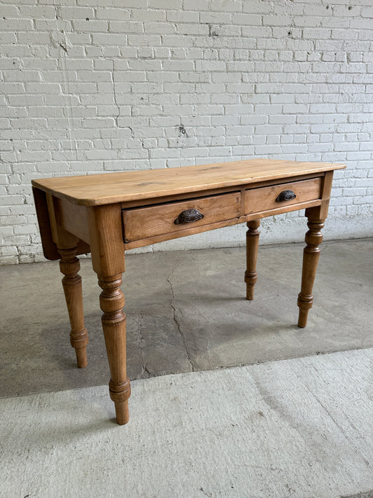 Antique Pine Two Drawer Drop Leaf Scullery Table, c. 1880