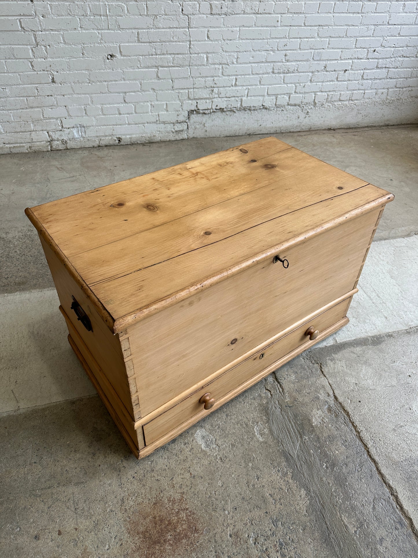 Antique Pine Mule Chest with Lock and Key c. 1850