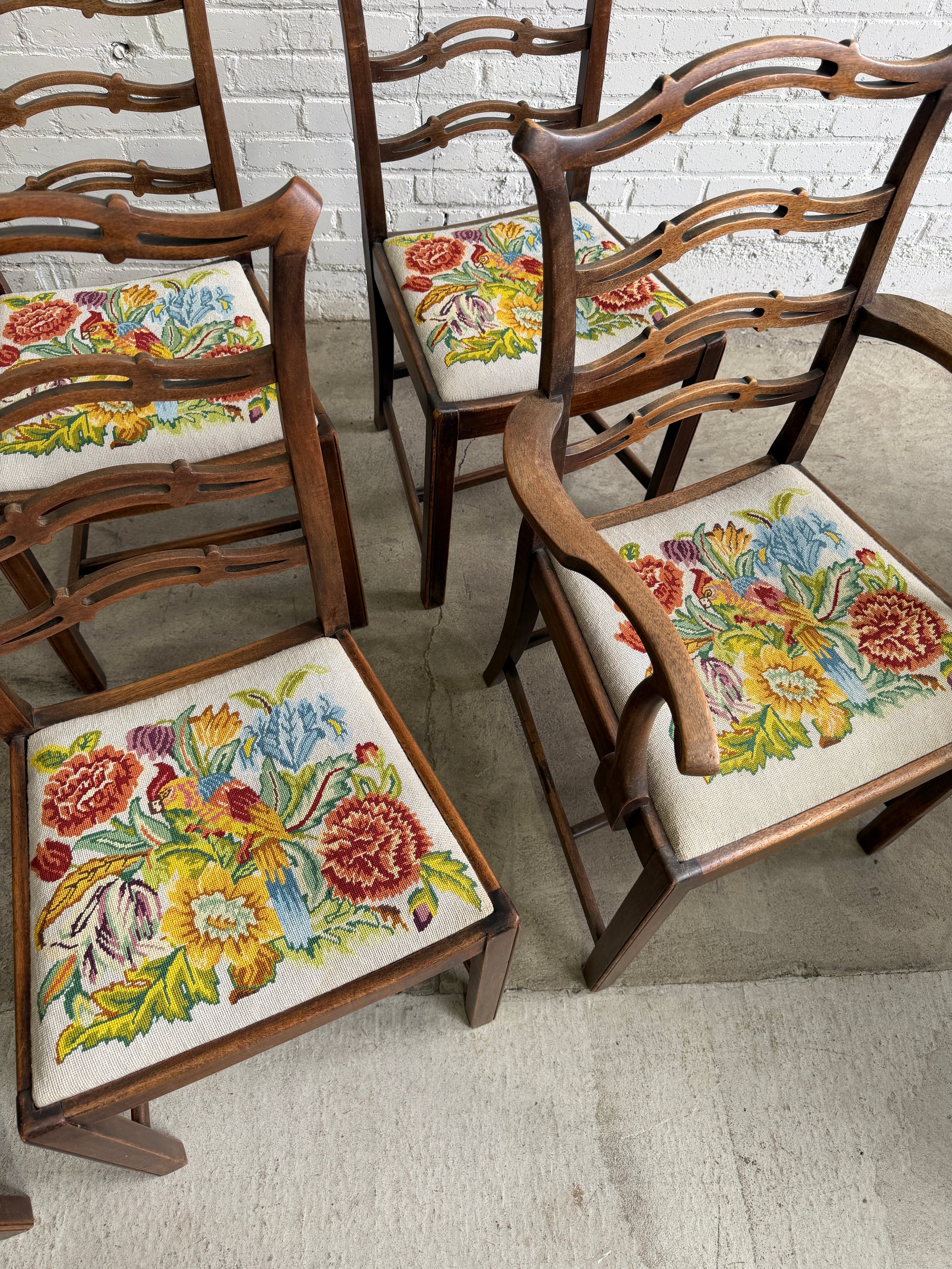 A Set of Six English Country House Chairs with Needlepoint Seats, c. 1900