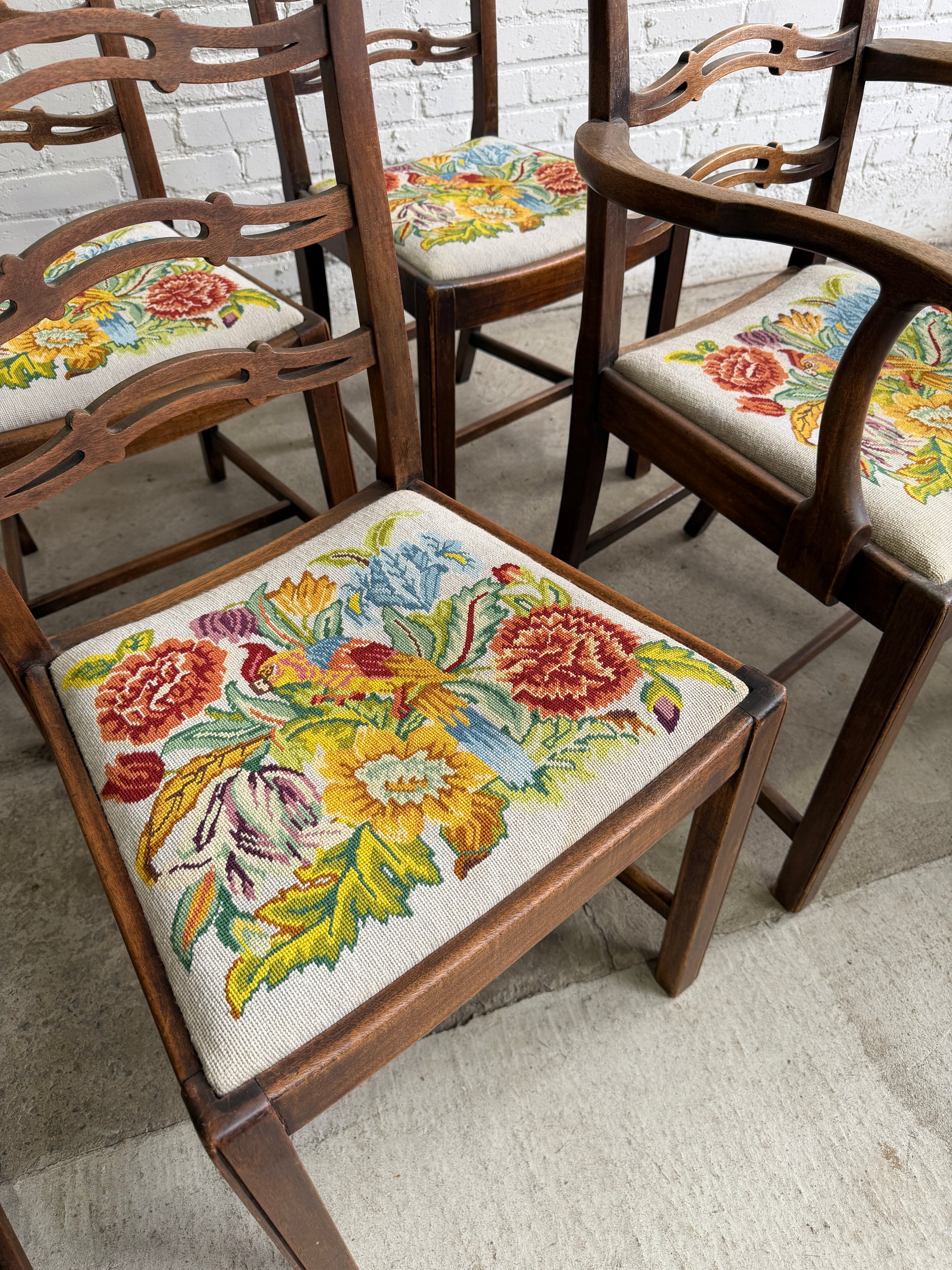 A Set of Six English Country House Chairs with Needlepoint Seats, c. 1900