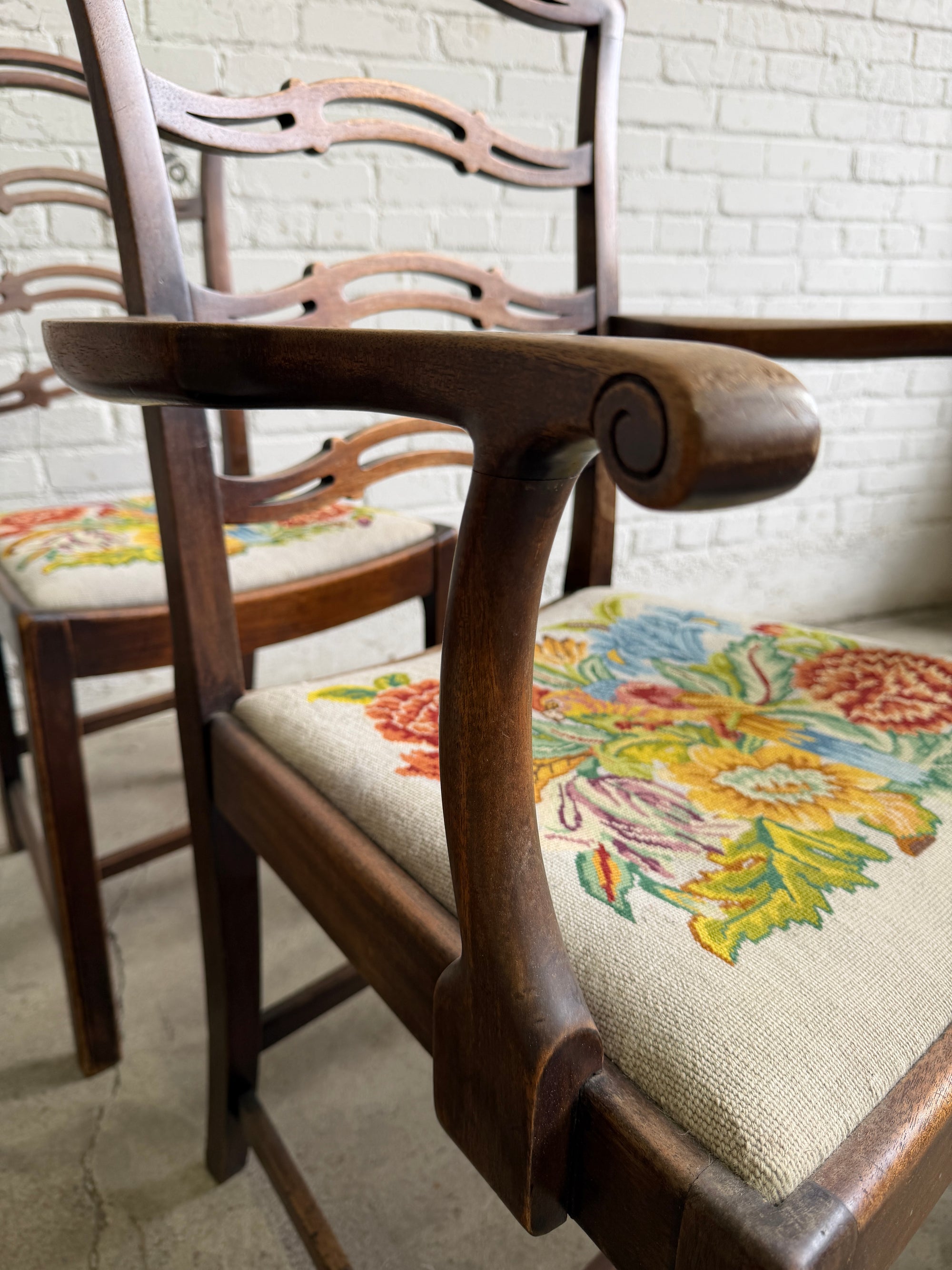 A Set of Six English Country House Chairs with Needlepoint Seats, c. 1900