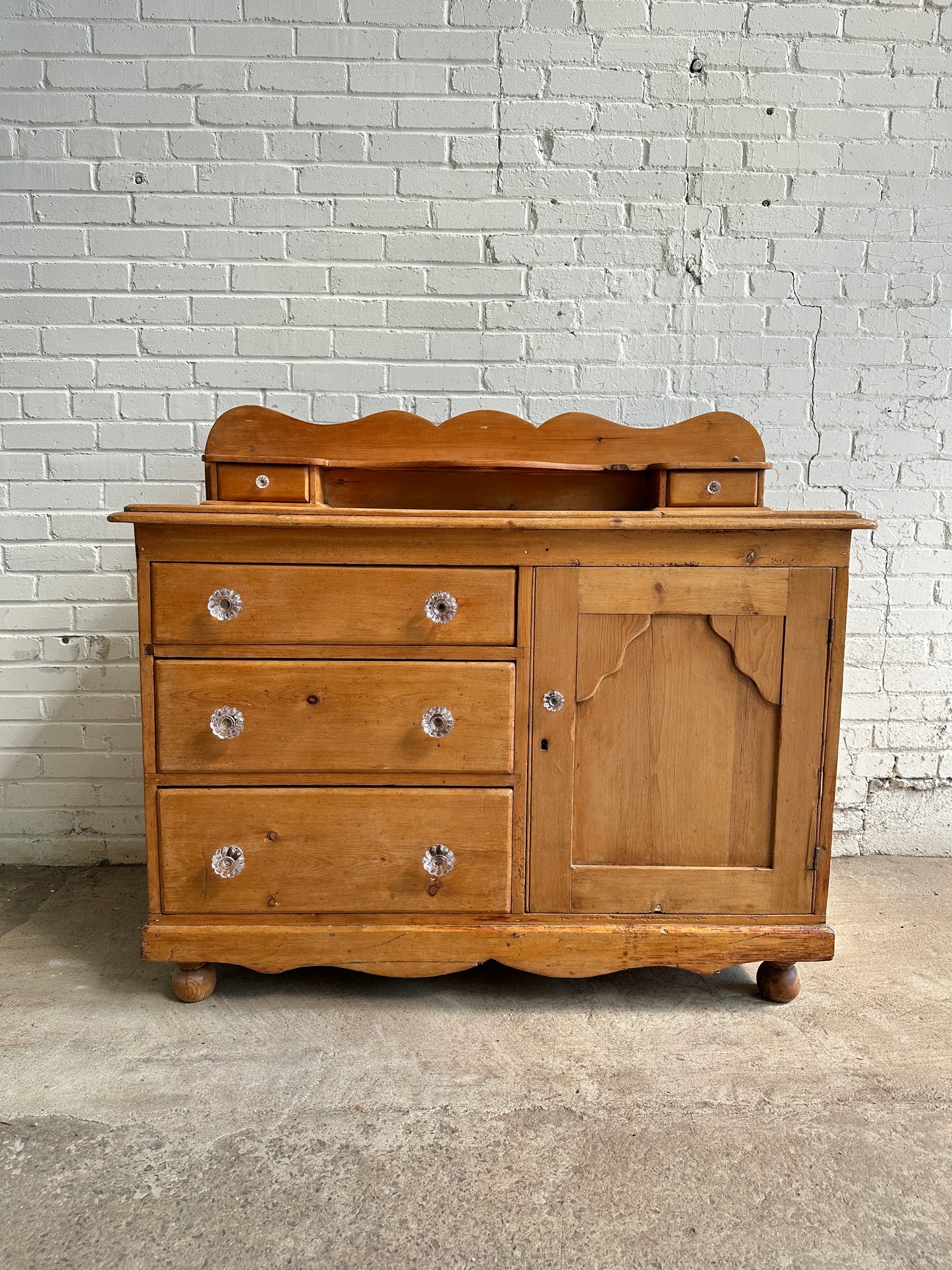 Antique Pine Three Drawer Cupboard with Glass Knobs, c. 1875