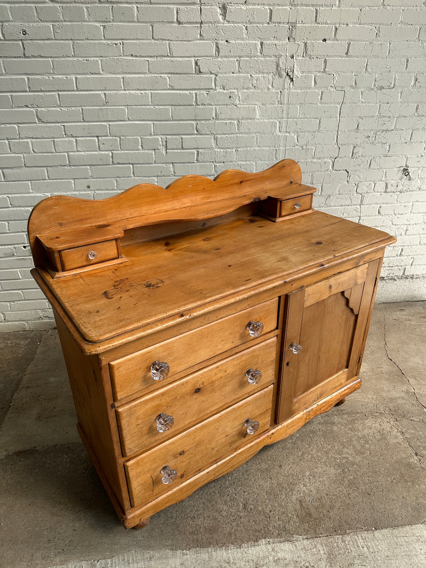 Antique Pine Three Drawer Cupboard with Glass Knobs, c. 1875