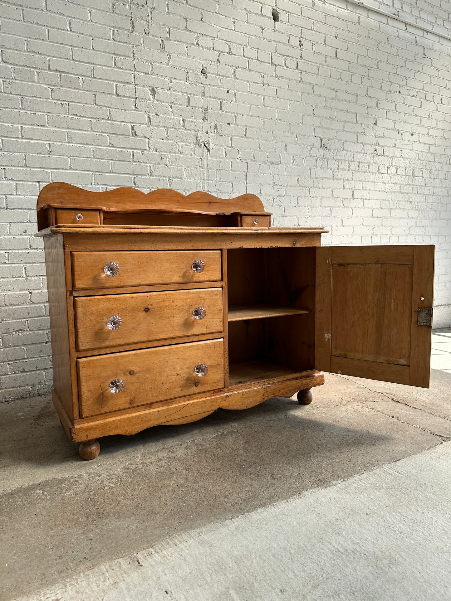 Antique Pine Three Drawer Cupboard with Glass Knobs, c. 1875