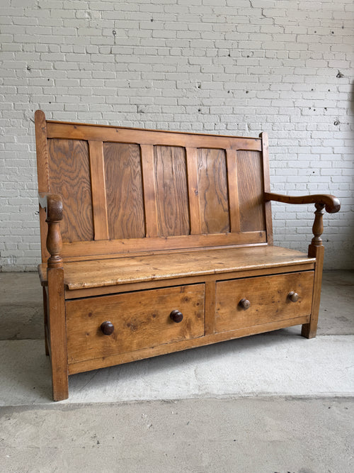 Antique Welsh Settle with Storage Drawers, c. 1880