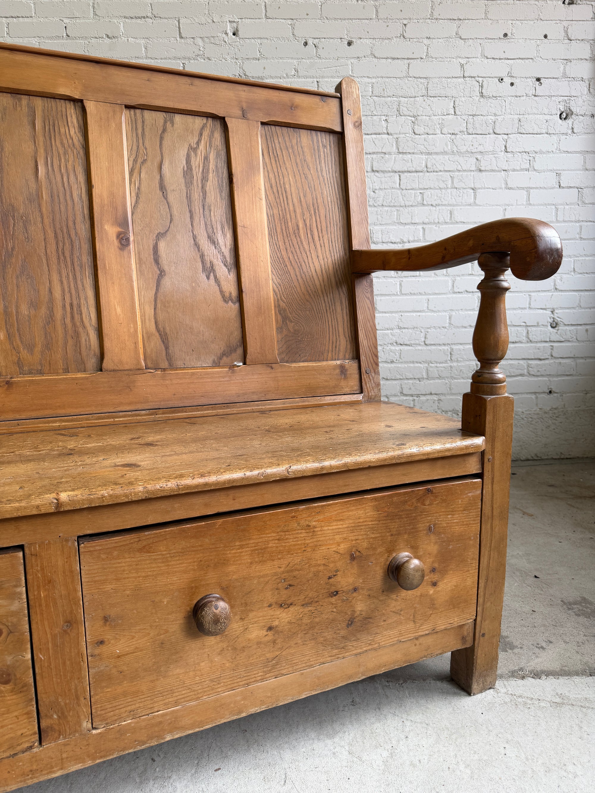 Antique Welsh Settle with Storage Drawers, c. 1880