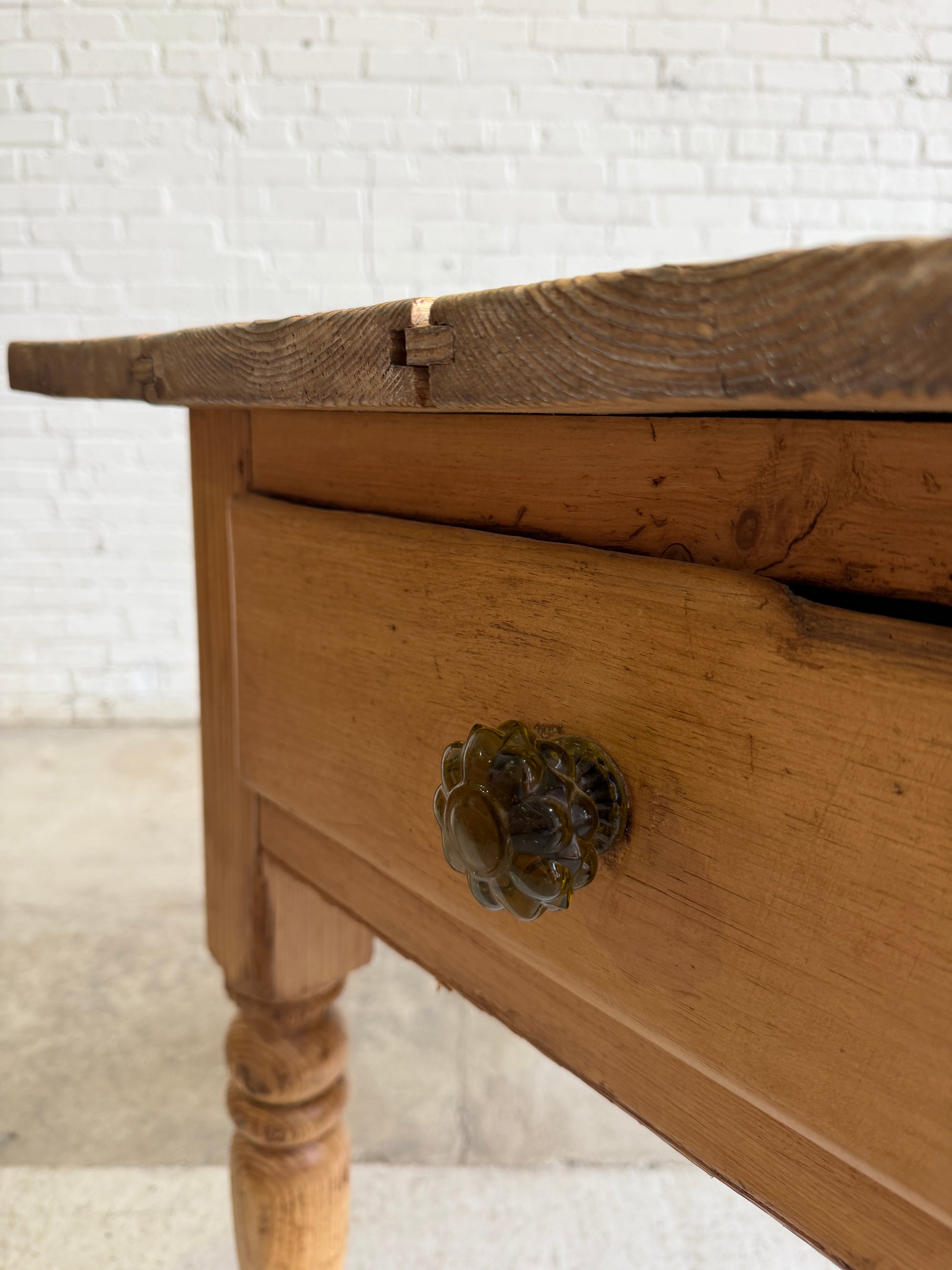 Antique Pine English Scullery Table with Green Glass Knobs, c. 1890
