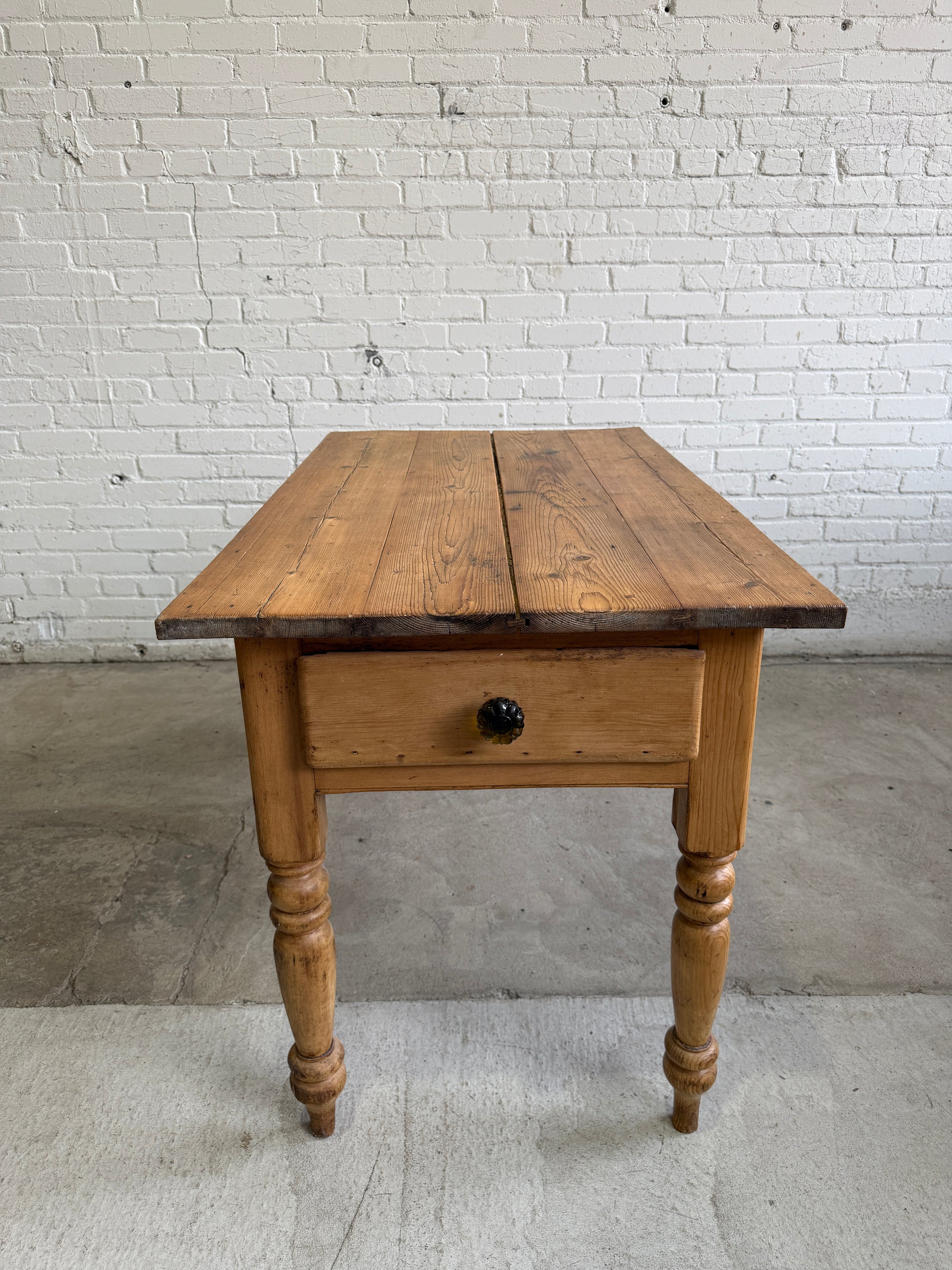 Antique Pine English Scullery Table with Green Glass Knobs, c. 1890