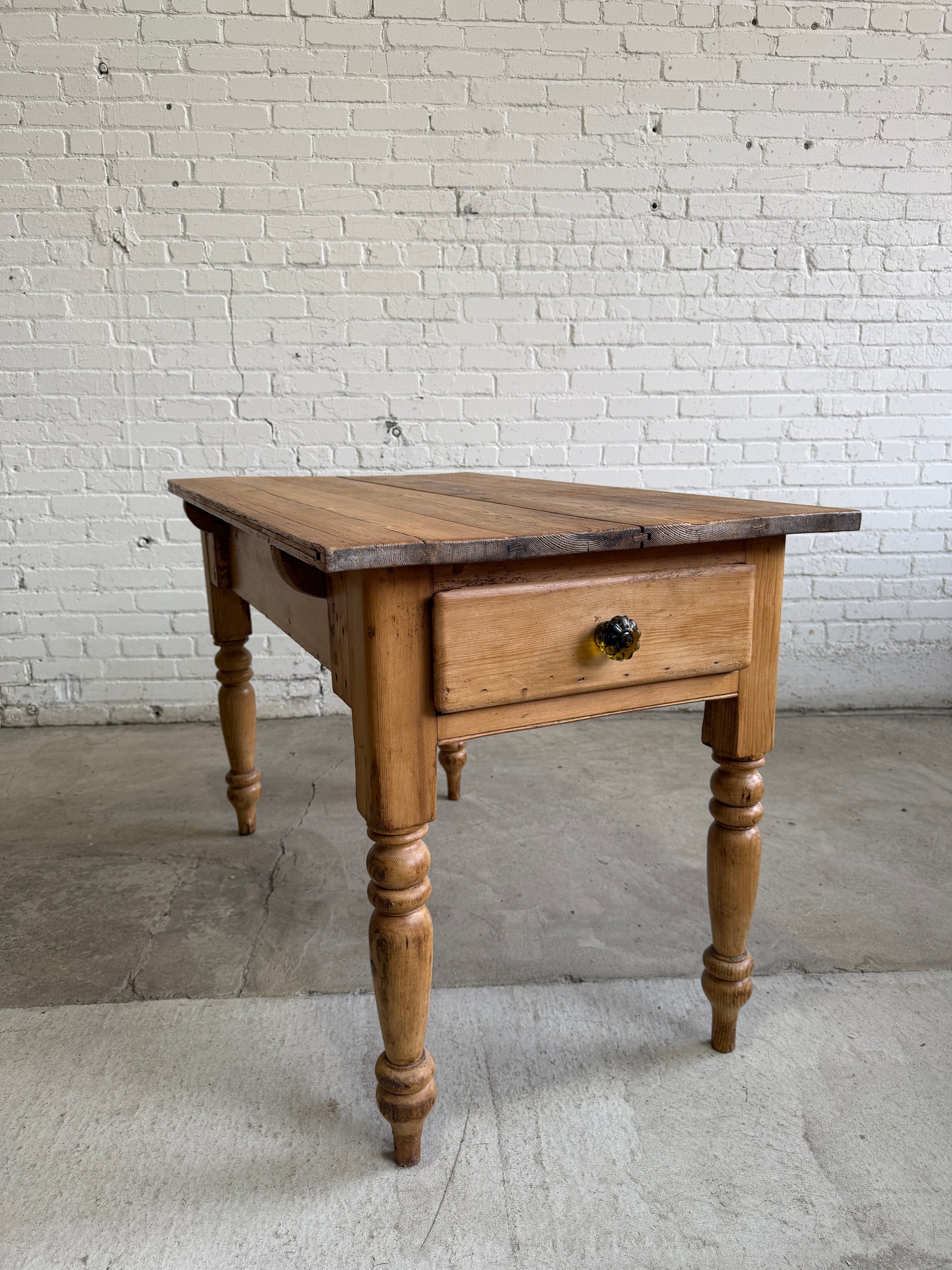 Antique Pine English Scullery Table with Green Glass Knobs, c. 1890