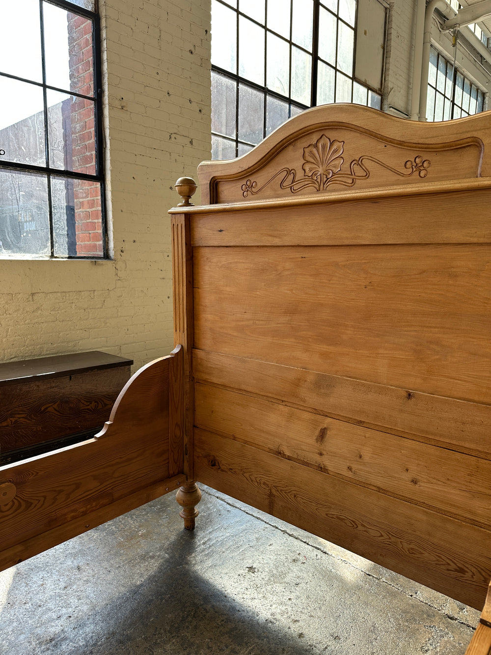 Antique Pine Sleigh Bed with Leaf and Berry Carvings c. 1890