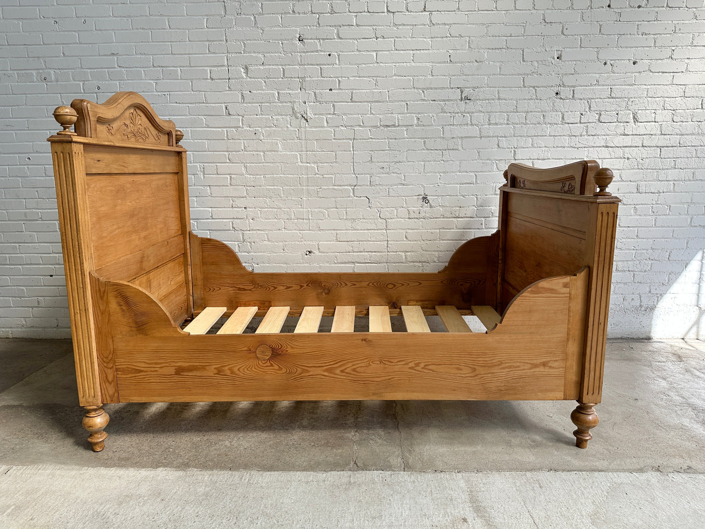 Antique Pine Sleigh Bed with Leaf and Berry Carvings c. 1890