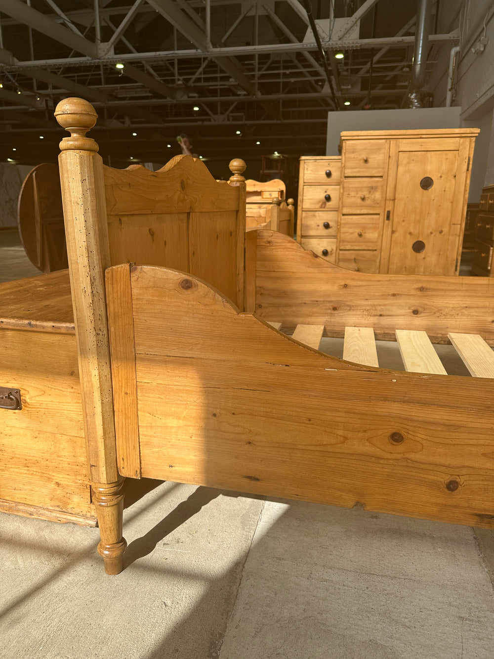 Extra Wide Antique Pine Sleigh Bed, c. 1900