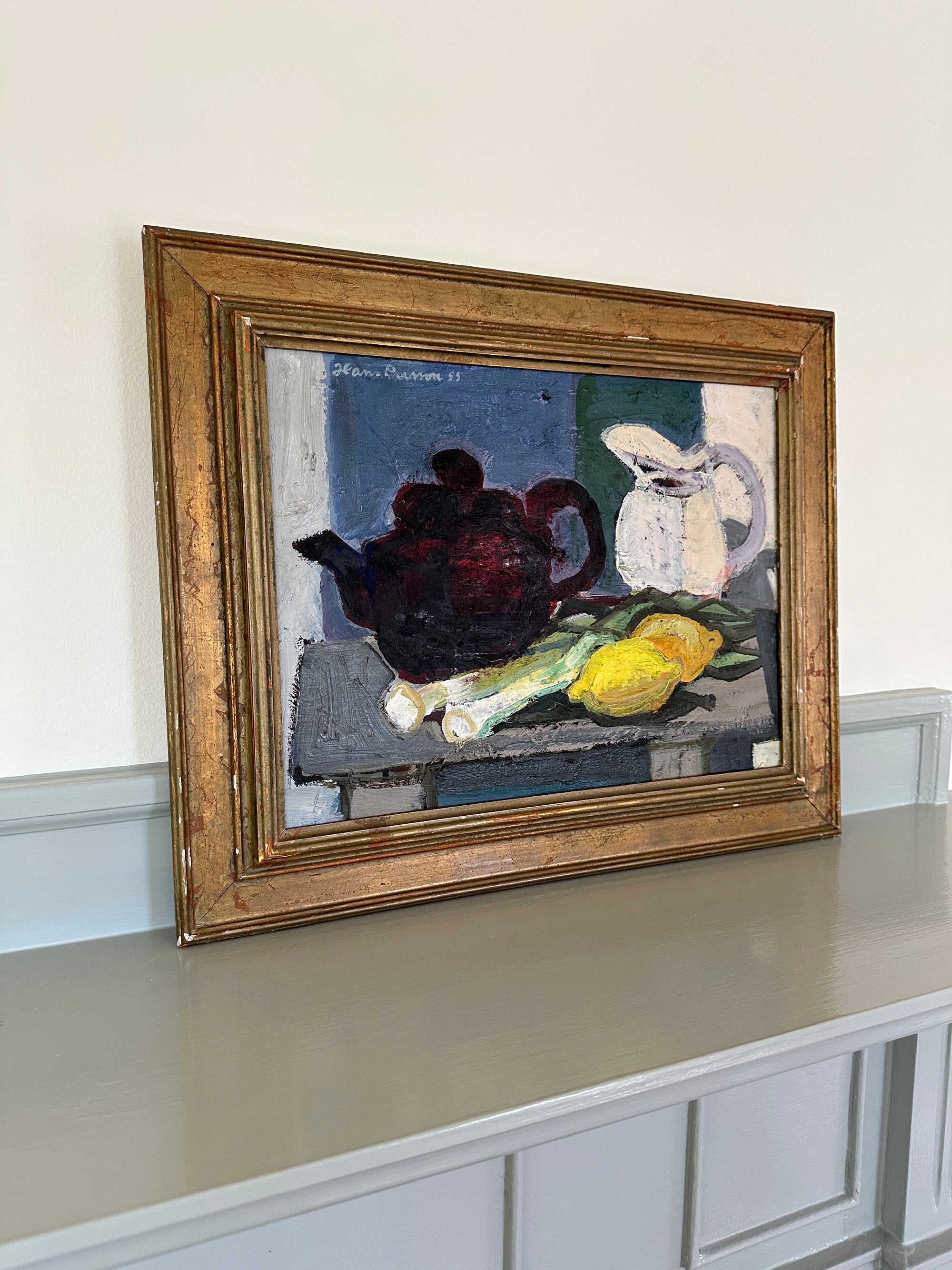 Teapot with Leeks: Vintage Oil on Canvas