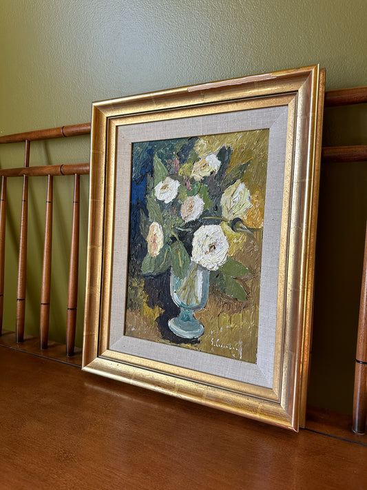 Flowers in Vase: Vintage oil on board