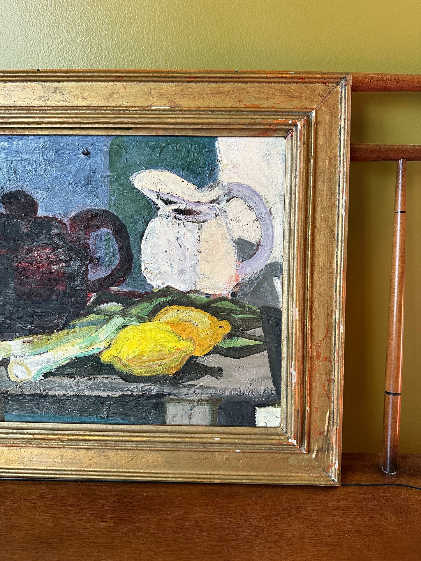 Teapot with Leeks: Vintage Oil on Canvas
