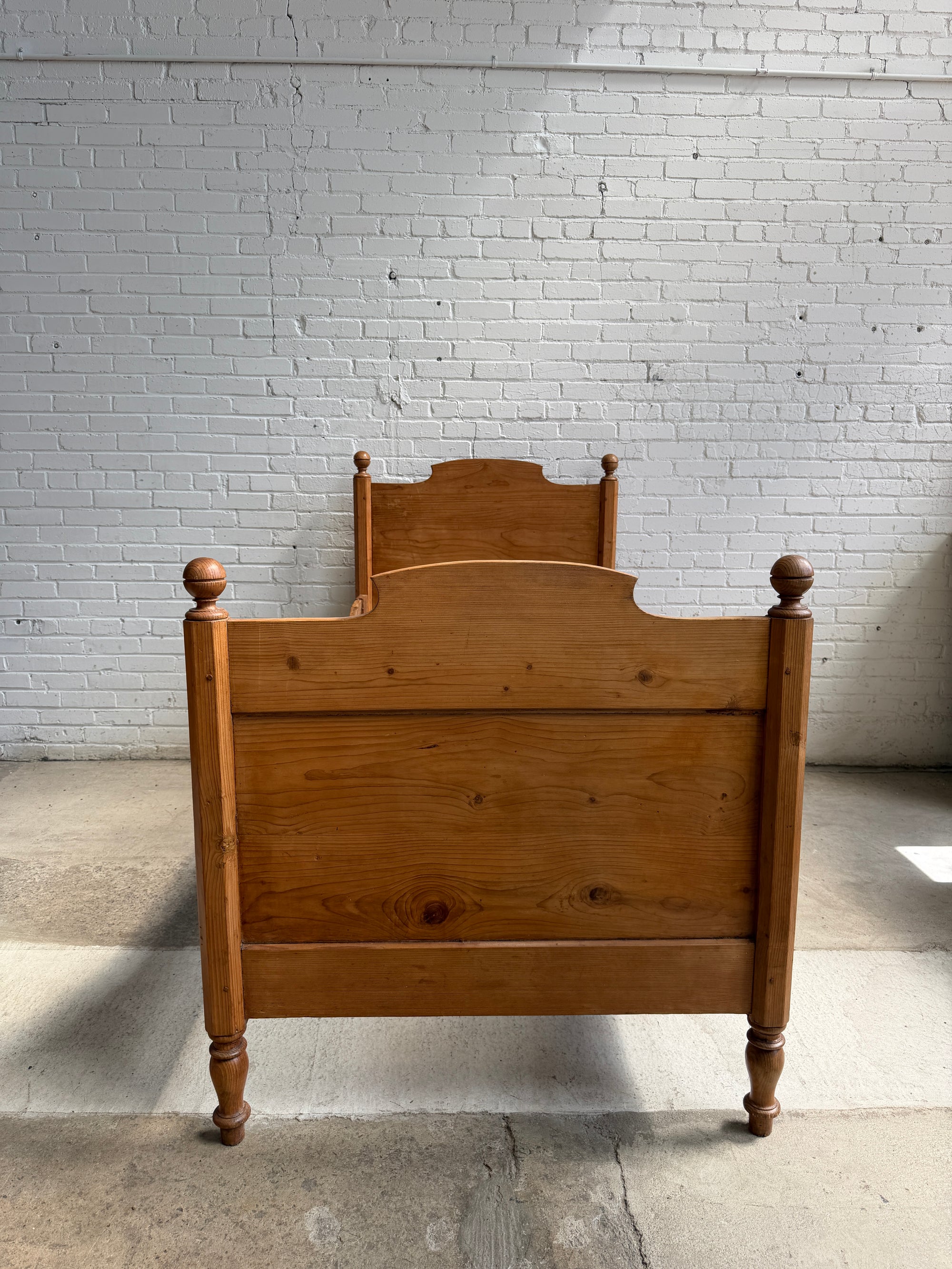 Antique Pine Sleigh Bed with High Headboard