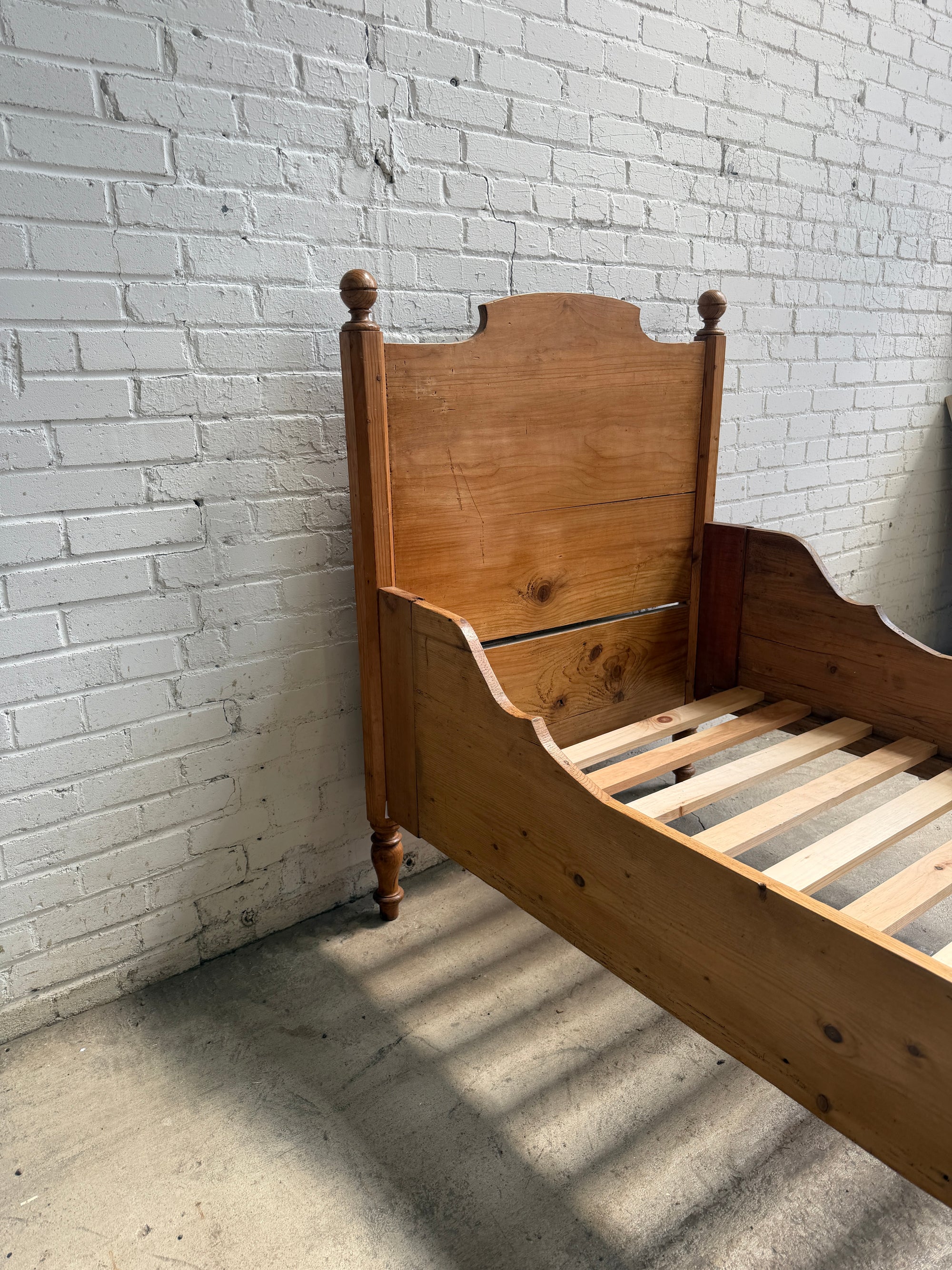Antique Pine Sleigh Bed with High Headboard